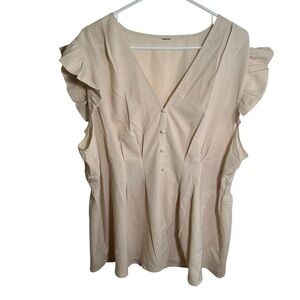 Short Sleeve Blouse V-Neck Beige Faux Button Ruffle Sleeve
